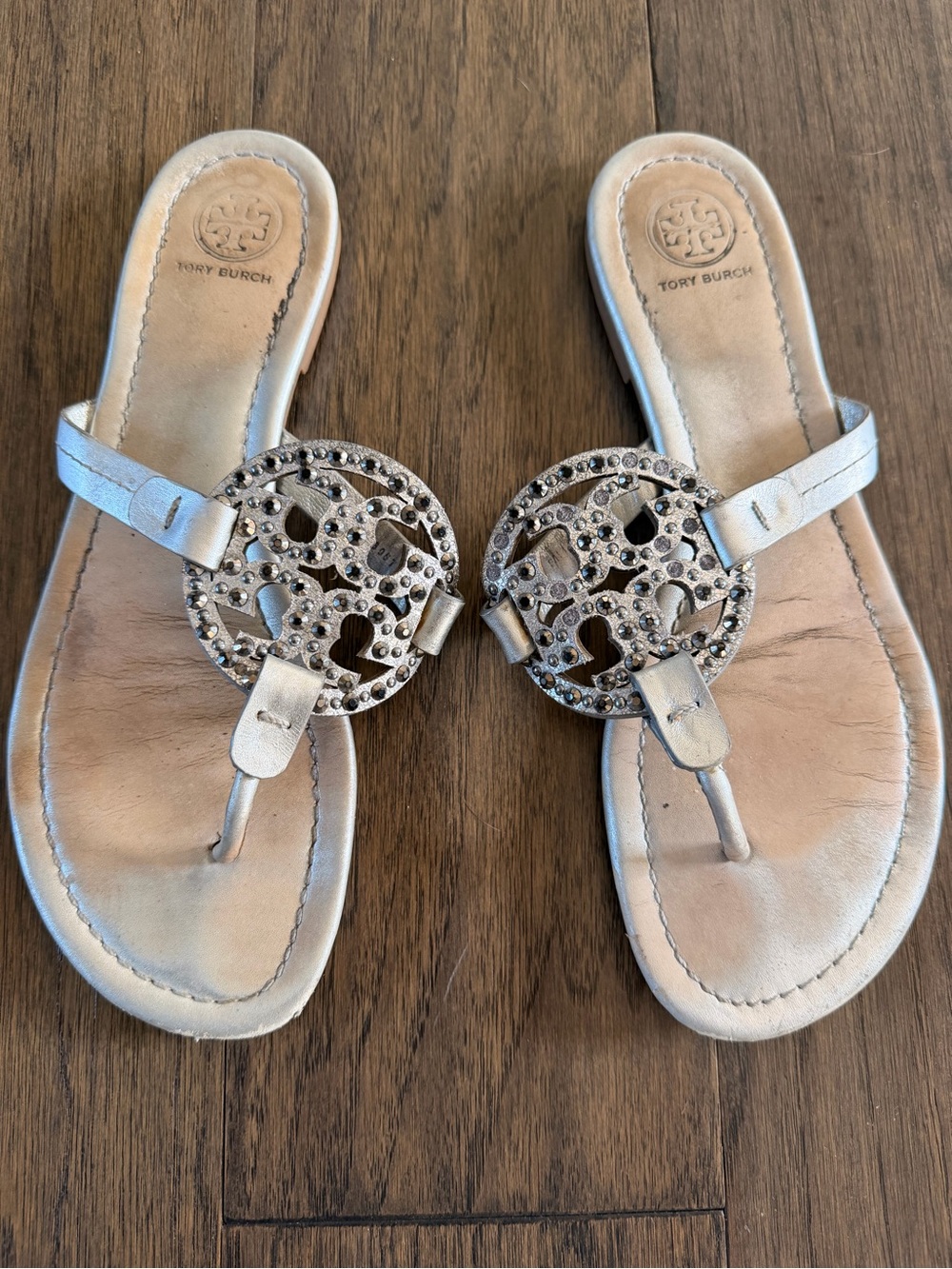 Tory Burch Silver Crystal Logo Thong Sandals